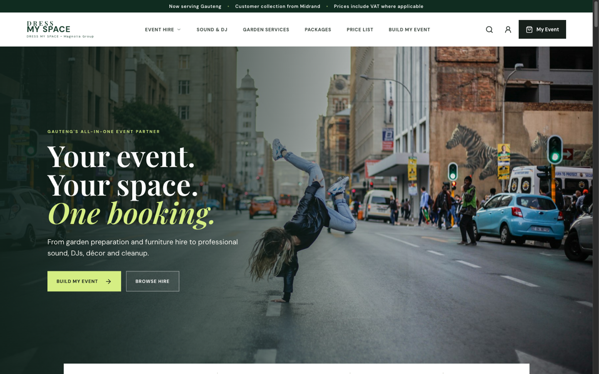 Dress My Space event-hire platform homepage and event-builder introduction
