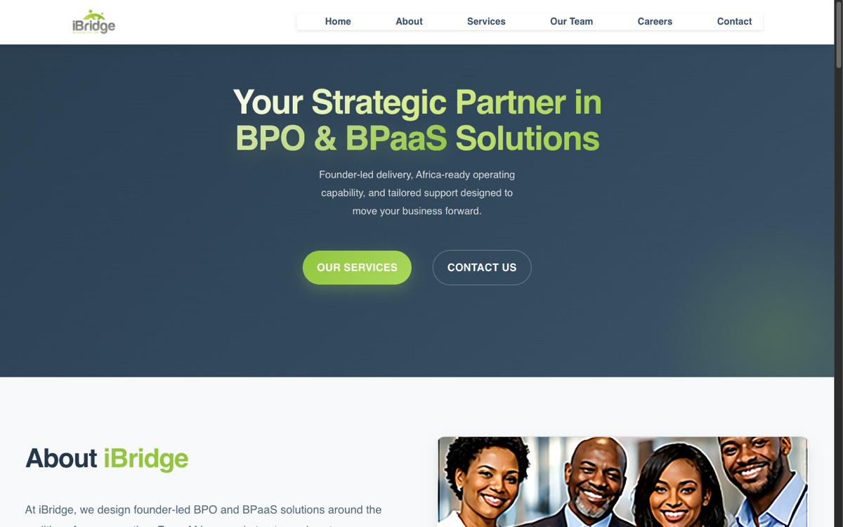 iBridge corporate website homepage showing its BPO and BPaaS positioning