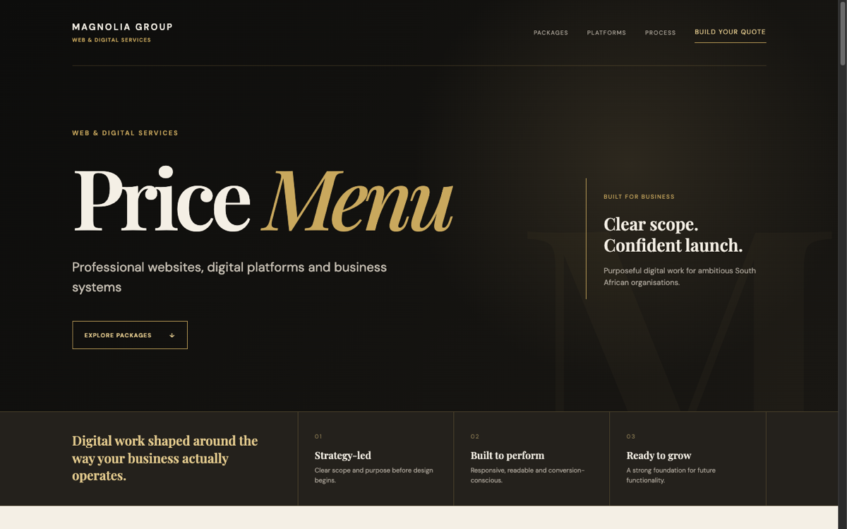 Magnolia Digital editorial price-menu homepage