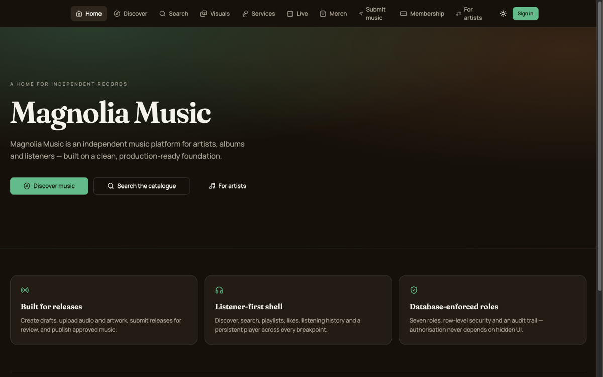 Magnolia Music independent records platform homepage